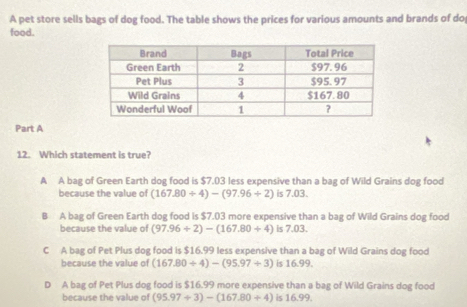 A pet store sells bags of dog food. The table shows the prices for various amounts and brands of do
food.
Part A
12. Which statement is true?
A A bag of Green Earth dog food is $7.03 less expensive than a bag of Wild Grains dog food
because the value of (167.80/ 4)-(97.96/ 2) is 7.03.
B A bag of Green Earth dog food is $7.03 more expensive than a bag of Wild Grains dog food
because the value of (97.96/ 2)-(167.80/ 4) is 7.03.
C A bag of Pet Plus dog food is $16.99 less expensive than a bag of Wild Grains dog food
because the value of (167.80/ 4)-(95.97/ 3) is 16.99.
D A bag of Pet Plus dog food is $16.99 more expensive than a bag of Wild Grains dog food
because the value of (95.97/ 3)-(167.80/ 4) is 16.99