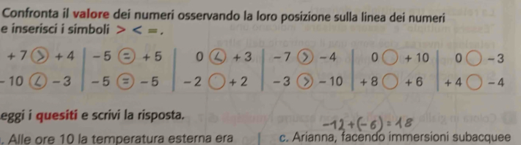 Confronta il valore dei numeri osservando la loro posizione sulla linea dei numeri 
e inserisci i simboli ,
+ 7 + 4 -5 + 5 0 + 3 -7 》 -4 0 + 10 0 -3
- 10 -3 -5 -5 -2 + 2 -3 - 10 + 8 + 6 + 4 - 4
Leggi i quesiti e scrivi la risposta. 
. Alle ore 10 la temperatura esterna era c. Arianna, facendo immersioni subacquee