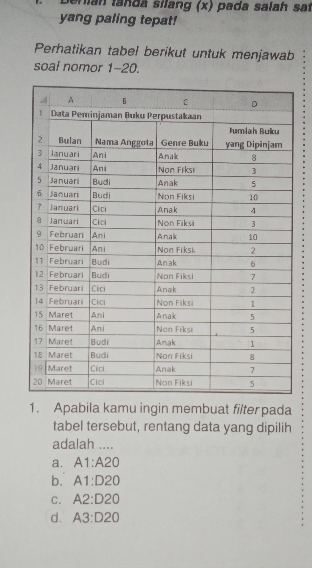 Senian tanda silang (x) pada salah sat
yang paling tepat!
Perhatikan tabel berikut untuk menjawab
soal nomor 1-20.
1. Apabila kamu ingin membuat filter pada
tabel tersebut, rentang data yang dipilih
adalah ....
a. A1:A20
b. A1:D20
C. A2:D20
d. A3:D20