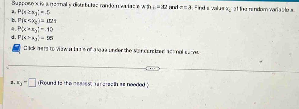 Suppose x is a normally distributed random variable with mu =32 and sigma =8. Find a value x_0 of the random variable x.
a. P(x≥ x_0)=.5
b. P(x
C、 P(x>x_0)=.10
d. P(x>x_0)=.95
I Click here to view a table of areas under the standardized normal curve.
a. x_0=□ (Round to the nearest hundredth as needed.)