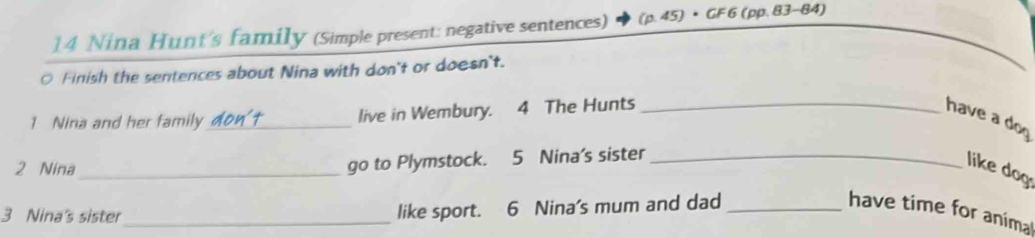 Nina Hunt's family (Simple present: negative sentences) (p. 45) • GF 6 (pp. 83-84) 
○ Finish the sentences about Nina with don't or doesn't. 
1 Nina and her family_ live in Wembury. 4 The Hunts _have a do 
2 Nina_ 
go to Plymstock. 5 Nina's sister_ 
like dog 
3 Nina's sister_ like sport. 6 Nina's mum and dad _have time for animal