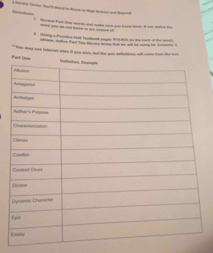 Literary Terms You'll Need to Know in High School and Beyond 
Directions 
1. Review Part One words and make sure you know them. If not, deline the 
ones you do not know or are unsure of. 
2. Using a Prentice-Hall Textbook pages R15-R25 (in the back of the book). 
please, define Part Two literary terms that we will be using for Semester 2. 
**You may use Internet sites if you wish, but the quiz definitions will come from the text. 
Pa