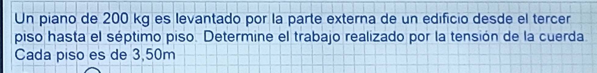 Un piano de 200 kg es levantado por la parte externa de un edificio desde el tercer 
piso hasta el séptimo piso. Determine el trabajo realizado por la tensión de la cuerda 
Cada piso es de 3,50m