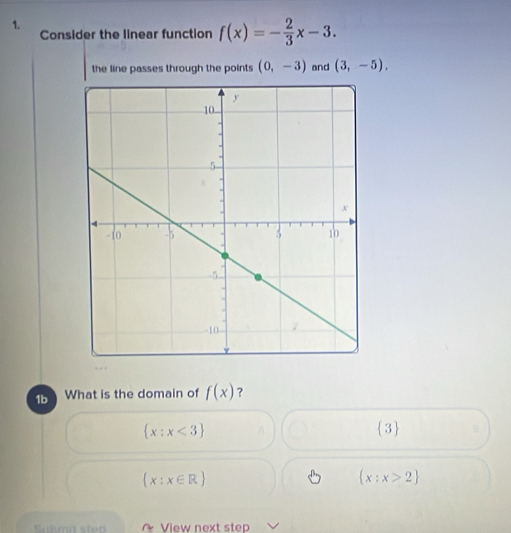 Consider the linear function f(x)=- 2/3 x-3. 
the line passes through the points (0,-3) and (3,-5). 
1b What is the domain of f(x) ?
 x:x<3 3
 x:x∈ R
 x:x>2
View next step