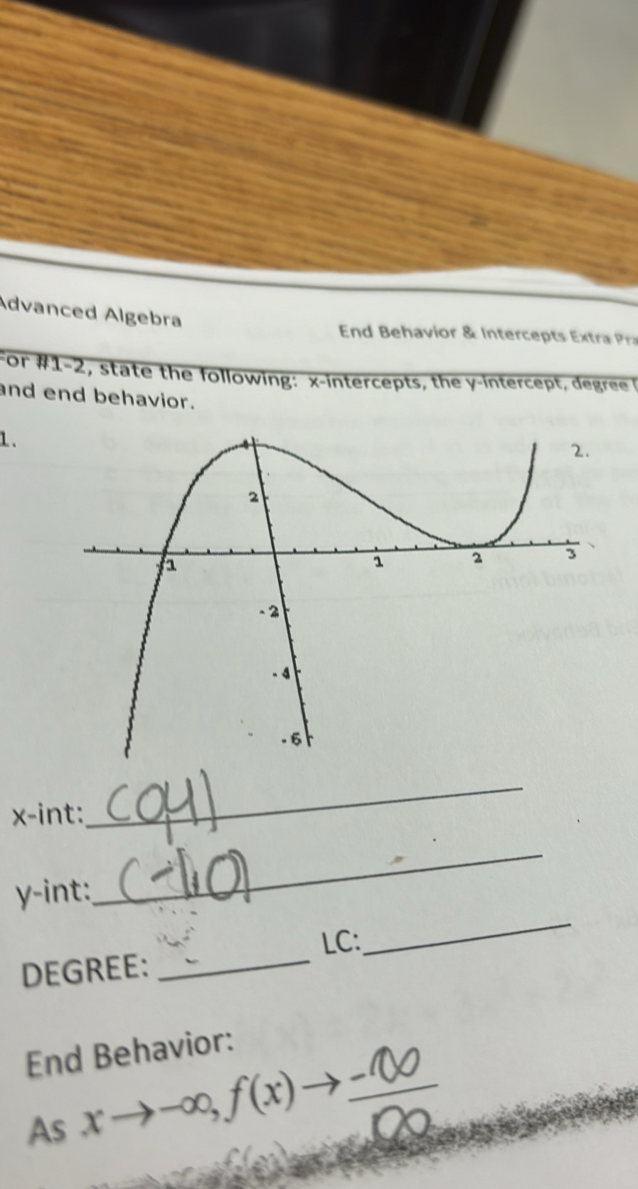 Advanced Algebra 
End B ehavior & Intercepts E tr 
For #1-2, state the following: x-intercepts, the y-intercept, degree 
and end behavior. 
1.
x -int: 
_ 
_
y -int: 
_ 
LC: 
DEGREE:_ 
End Behavior: 
As xto -∈fty , f(x) _