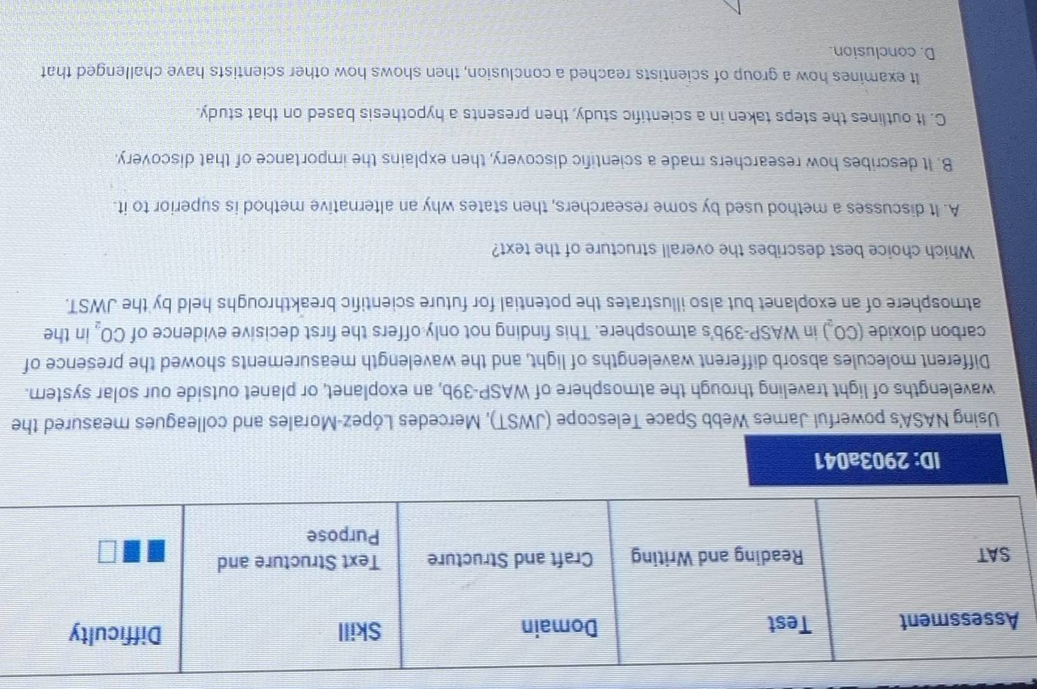 ID: 2903a041
Using NASA's powerful James Webb Space Telescope (JWST), Mercedes López-Morales and colleagues measured the
wavelengths of light traveling through the atmosphere of WASP-39b, an exoplanet, or planet outside our solar system.
Different molecules absorb different wavelengths of light, and the wavelength measurements showed the presence of
carbon dioxide (CO_2) in WASP-39b's atmosphere. This finding not only offers the first decisive evidence of CO_2 in the
atmosphere of an exoplanet but also illustrates the potential for future scientific breakthroughs held by the JWST.
Which choice best describes the overall structure of the text?
A. It discusses a method used by some researchers, then states why an alternative method is superior to it.
B. It describes how researchers made a scientific discovery, then explains the importance of that discovery.
C. It outlines the steps taken in a scientific study, then presents a hypothesis based on that study.
It examines how a group of scientists reached a conclusion, then shows how other scientists have challenged that
D. conclusion.