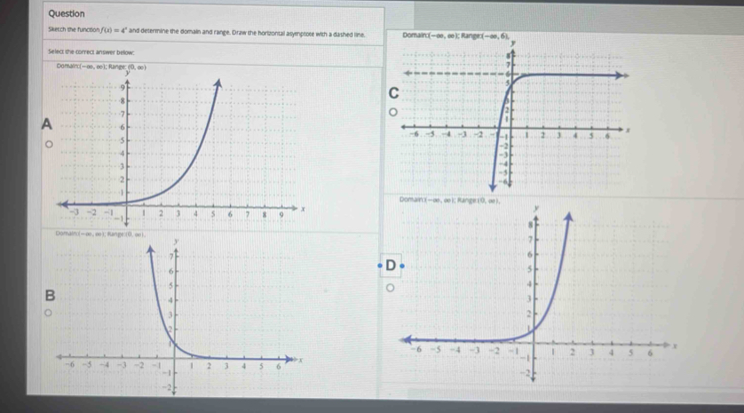 Question
Sketch the functior f(x)=4^x ' and determine the domain and range. Draw the horizontal asymptote with a dashed line. 
Select the correct answer below:
;).