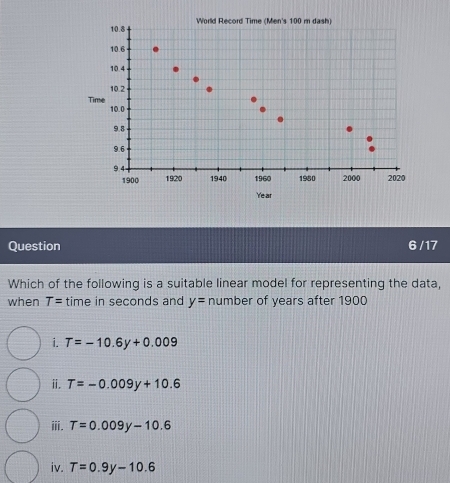 World Record Time (Men's 100 m dash)
10.8
10.6
10.4
10.2
Time 10.0
9.8
9.6
9 4 1940 1960 1980 2000 2020
1900 1920
Year
Question 6 /17
Which of the following is a suitable linear model for representing the data,
when T= time in seconds and y= number of years after 1900
i. T=-10.6y+0.009
ⅱ. T=-0.009y+10.6
ⅲii. T=0.009y-10.6
iv. T=0.9y-10.6