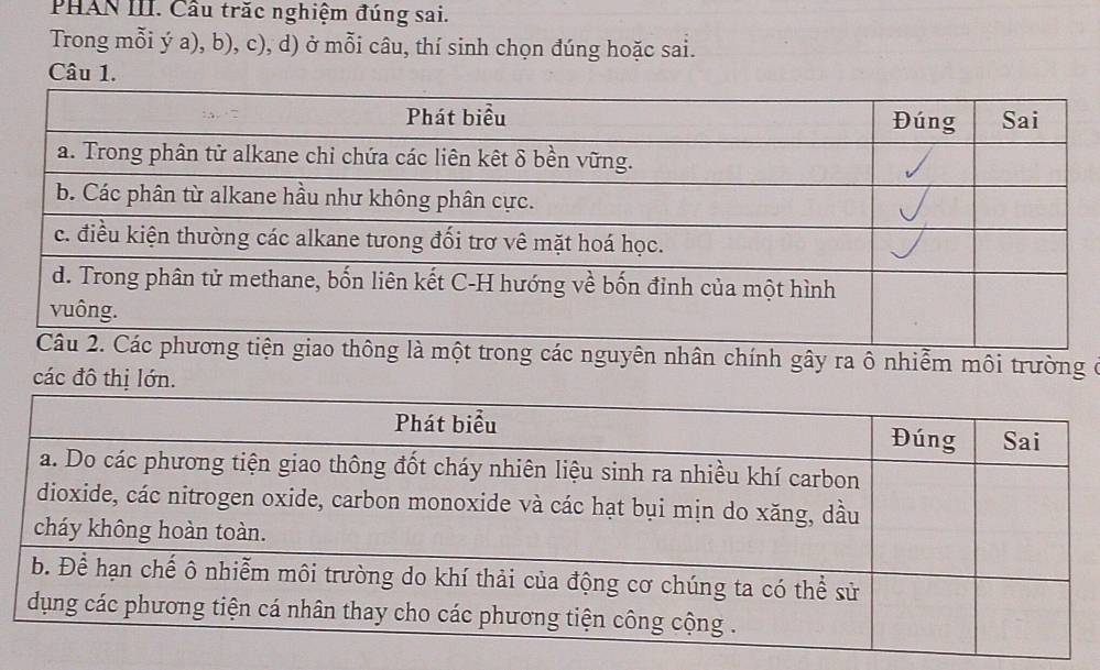 PHAN III. Cầu trăc nghiệm đúng sai. 
Trong mỗi ý a), b), c), d) ở mỗi câu, thí sinh chọn đúng hoặc sai. 
Câu 1. 
ong các nguyên nhân chính gây ra ô nhiễm môi trường ở 
các đô thị lớn.