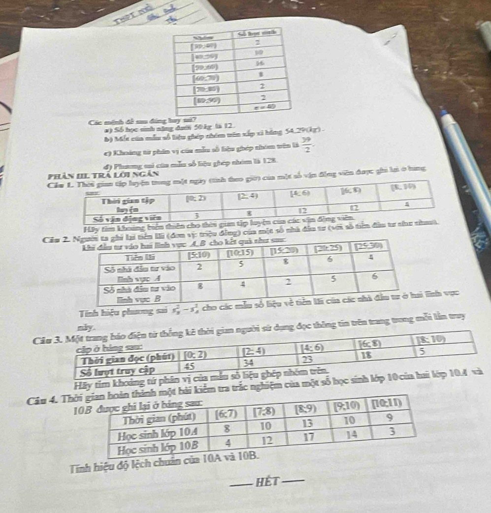 Tt nd
a
Các minh đề sau đáng lu
#) Số học sinh năng dưn 50kg tà 12.
b) Mết cia mẫu số liệu ghép thim vên xấp xi bóng 54.29(kg) .
c) Khnáng tử phin vị cáa mẫn số bậu ghép nhóm tên là  39/2 .
đ) Phương mí cáa mẫu số liệu giép nhâm là 128.
Phân IIL Trả lời ngàn
C) của mặt số vịn động vên được ghi lạ ở lang
Hãy tìm khoảng b
Cầu 2 vị: triệu đồng) cáa một số nhà đâu tư (v
Tính hiệu phương sai sfrac 23endarray -5_A ình vực
Csử dụng đọc thông tin trên trang trong mỗi lần truy máy.
Hãy tim khoảng t
Câu 4. Thờ kiểm tra trắc nghiệm của một số
1
Tính hiệu độ lệch ch
_Hệt_