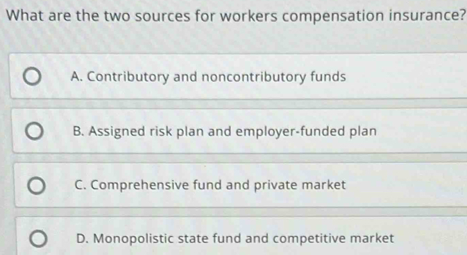 What are the two sources for workers compensation insurance?
A. Contributory and noncontributory funds
B. Assigned risk plan and employer-funded plan
C. Comprehensive fund and private market
D. Monopolistic state fund and competitive market