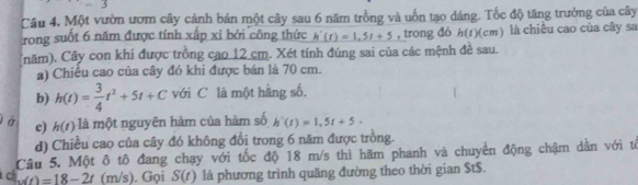 Một vườn ươm cây cảnh bán một cây sau 6 năm trồng và uốn tạo dáng. Tốc độ tăng trưởng của cây 
rong suốt 6 năm được tính xấp xỉ bởi công thức h'(t)=1.5t+5 , trong đó h(t)(cm) ) là chiều cao của cây sa 
(năm). Cây con khi được trồng cao 12 cm. Xét tính đúng sai của các mệnh đề sau. 
a) Chiều cao của cây đó khi được bán là 70 cm. 
b) h(t)= 3/4 t^2+5t+C với C là một hãng số, 
Ở c) h(t) là một nguyên hàm của hàm số h'(t)=1.5t+5. 
d) Chiều cao của cây đó không đổi trong 6 năm được trồng. 
Câu 5. Một ô tô đang chạy với tốc độ 18 m/s thì hãm phanh và chuyển động chậm dân với từ 
c w(t)=18-2t(m/s) ). Gọi S(t) là phương trình quãng đường theo thời gian $t$.