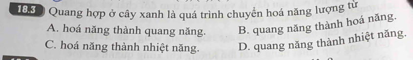 18.3 Quang hợp ở cây xanh là quá trình chuyển hoá năng lượng từ
A. hoá năng thành quang năng. B. quang năng thành hoá năng.
C. hoá năng thành nhiệt năng. D. quang năng thành nhiệt năng.