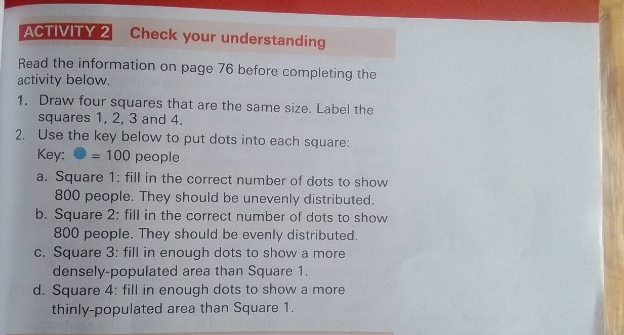 ACTMITY 2 Check your understanding
Read the information on page 76 before completing the
activity below.
1. Draw four squares that are the same size. Label the
squares 1, 2, 3 and 4.
2. Use the key below to put dots into each square:
Key: =100 people
a. Square 1: fill in the correct number of dots to show
800 people. They should be unevenly distributed.
b. Square 2: fill in the correct number of dots to show
800 people. They should be evenly distributed.
c. Square 3: fill in enough dots to show a more
densely-populated area than Square 1.
d. Square 4: fill in enough dots to show a more
thinly-populated area than Square 1.