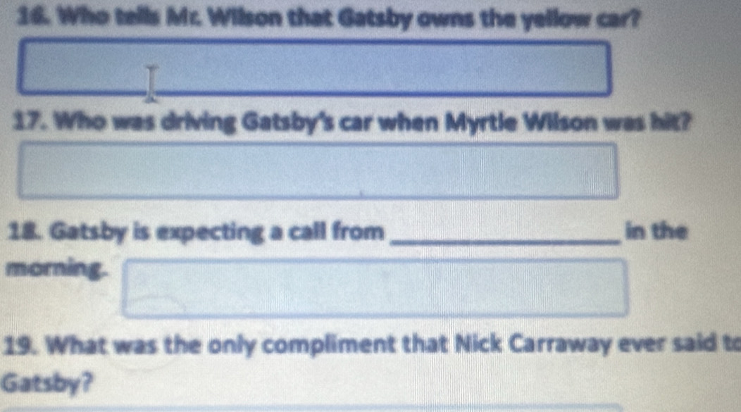 Who tells Mr. Wilson that Gatsby owns the yellow car? 
17. Who was driving Gatsby's car when Myrtle Wilson was hit? 
18. Gatsby is expecting a call from _in the 
morning. 
19. What was the only compliment that Nick Carraway ever said to 
Gatsby?