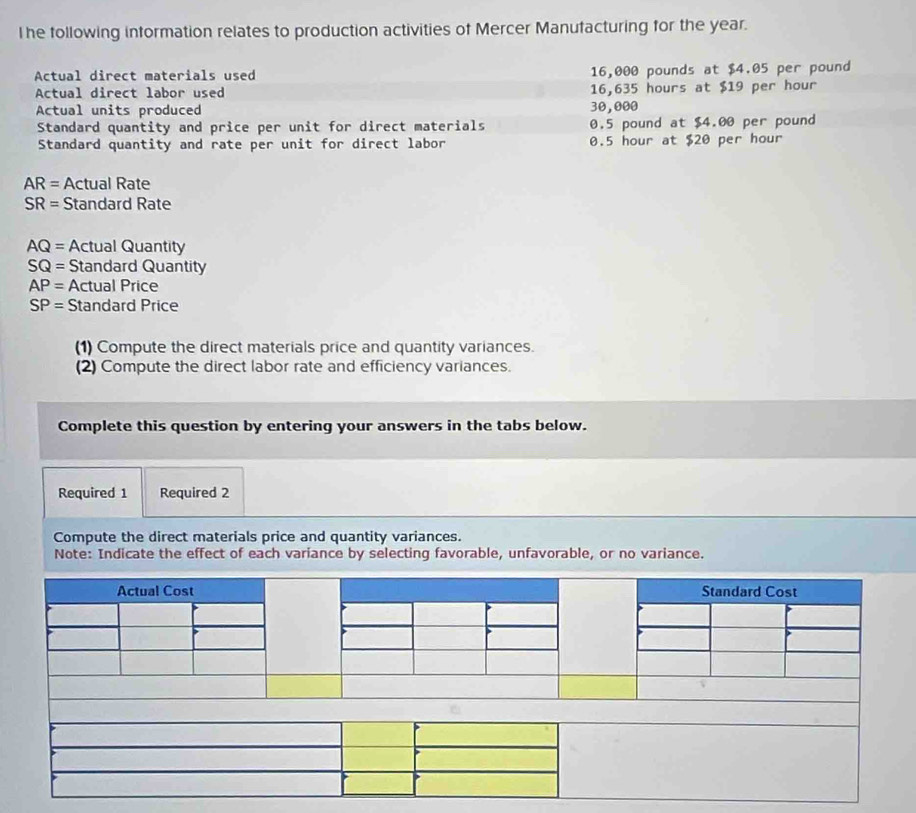 The following information relates to production activities of Mercer Manufacturing for the year. 
Actual direct materials used 16,000 pounds at $4.05 per pound
Actual direct labor used 16,635 hours at $19 per hour
Actual units produced 30,000
Standard quantity and price per unit for direct materials 0.5 pound at $4.00 per pound
Standard quantity and rate per unit for direct labor 0.5 hour at $20 per hour
AR= Actual Rate
SR= Standard Rate
AQ= Actual Quantity
SQ= Standard Quantity
AP= Actual Price
SP= Standard Price 
(1) Compute the direct materials price and quantity variances. 
(2) Compute the direct labor rate and efficiency variances. 
Complete this question by entering your answers in the tabs below. 
Required 1 Required 2 
Compute the direct materials price and quantity variances. 
Note: Indicate the effect of each variance by selecting favorable, unfavorable, or no variance.