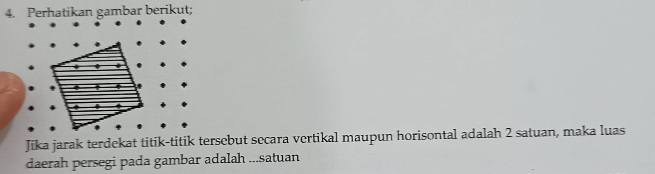 Jika jarak terdekat titik-titik tersebut secara vertikal maupun horisontal adalah 2 satuan, maka luas 
daerah persegi pada gambar adalah ...satuan