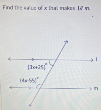 Find the value of x that makes l//m.