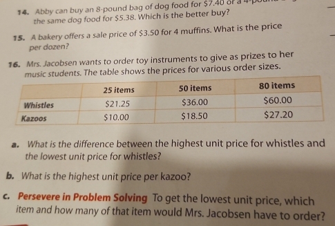 Abby can buy an 8-pound bag of dog food for $7.40 o a 4p
the same dog food for $5.38. Which is the better buy? 
15. A bakery offers a sale price of $3,50 for 4 muffins. What is the price 
per dozen? 
16. Mrs. Jacobsen wants to order toy instruments to give as prizes to her 
music students. The table shows the prices for various order sizes. 
. What is the difference between the highest unit price for whistles and 
the lowest unit price for whistles? 
b. What is the highest unit price per kazoo? 
c. Persevere in Problem Solving To get the lowest unit price, which 
item and how many of that item would Mrs. Jacobsen have to order?