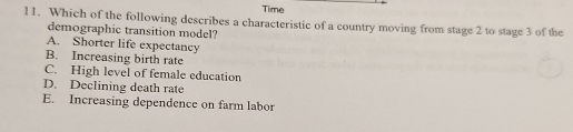 Time
11. Which of the following describes a characteristic of a country moving from stage 2 to stage 3 of the
demographic transition model?
A. Shorter life expectancy
B. Increasing birth rate
C. High level of female education
D. Declining death rate
E. Increasing dependence on farm labor