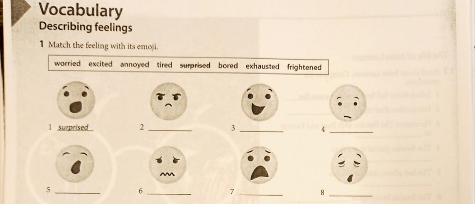 Vocabulary
Describing feelings
1 Match the feeling with its emoji.
worried excited annoyed tired surprised bored exhausted frightened 
l surprised 2 _3 _4_
_5
_6
_7
_8