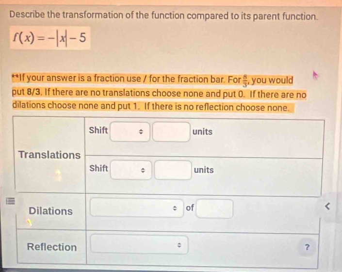 Describe the transformation of the function compared to its parent function.
f(x)=-|x|-5