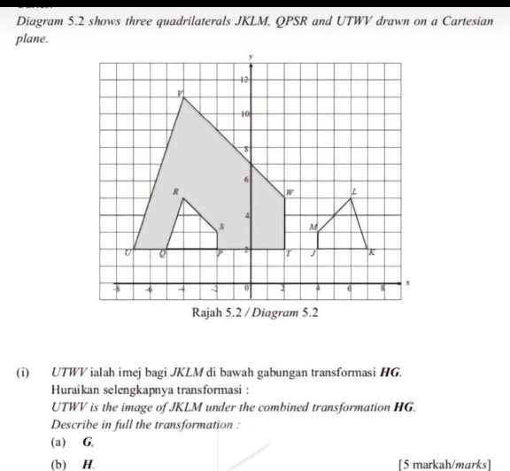 Diagram 5.2 shows three quadrilaterals JKLM, QPSR and UTWV drawn on a Cartesian
plane.
(i) UTWV ialah imej bagi JKLM di bawah gabungan transformasi HG.
Huraikan selengkapnya transformasi :
UTWV is the image of JKLM under the combined transformation HG.
Describe in full the transformation :
(a) G.
(b) H. [5 markah/marks]