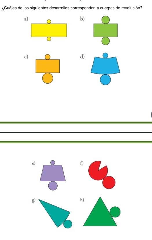 ¿Cuáles de los siguientes desarrollos corresponden a cuerpos de revolución?
a)
b)
c)
d)
e)
f)
g)