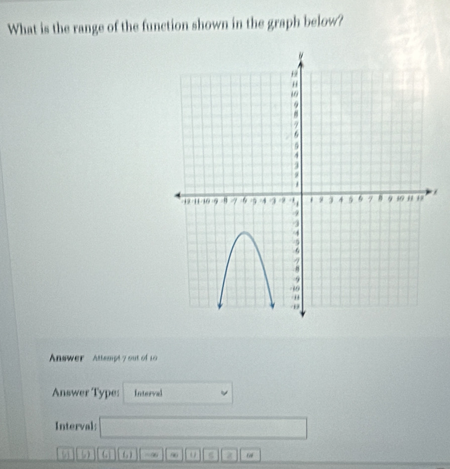 What is the range of the function shown in the graph below? 

Answer ' Attempt 7 out of 1 
Answer Type: Interval r=frac □ =frac 1/2 
Interval: □ 
6111 5) / G□ (,) 11 86 u a of