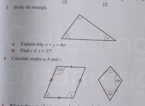 [3] [2]
3 Study the triangle.
a Explain why x+y=90°.
b Find y if x=37°.
4 Calculate angles a, b and c.
100°
60°
=