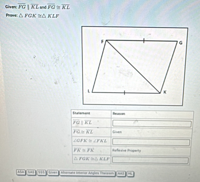 Given: overline FGparallel overline KL and overline FG≌ overline KL
Prove: △ FGK≌ △ KLF
Statement Reason
overline FGparallel overline KL
overline FG≌ overline KL Given
∠ GFK≌ ∠ FKL
overline FK≌ overline FK Reflexive Property
△ FGK≌ △ KLF
ASA SAS sSS Given Alternate Interior Angles Theorem AA 5