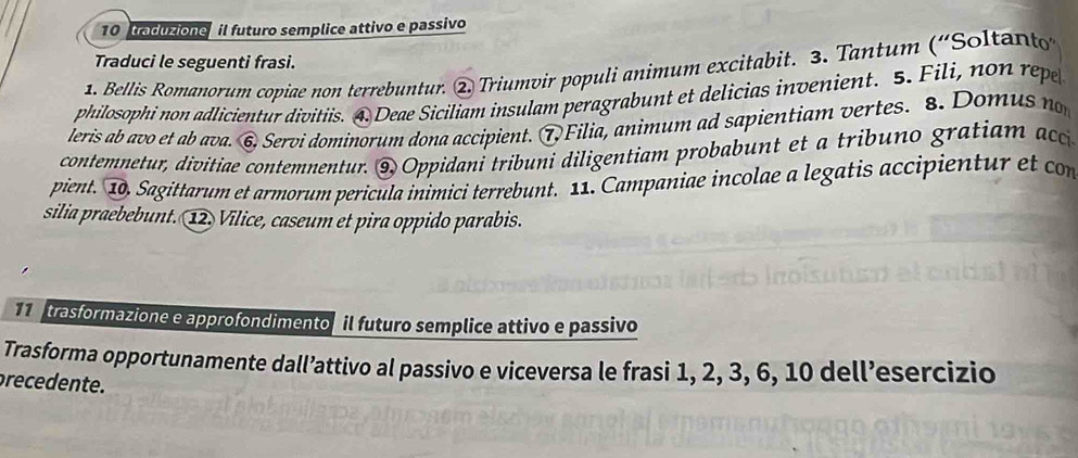 traduzione il futuro semplice attivo e passivo 
Traduci le seguenti frasi. 
1. Bellis Romanorum copiae non terrebuntur. ② Triumvir populi animum excitabit. 3. Tantum ('Soltanto 
philosophi non adlicientur divitiis. 4. Deae Siciliam insulam peragrabunt et delicias invenient. 5. Fili, non repe 
leris ab avo et ab ava. ⑥. Servi dominorum dona accipient. ①Filia, animum ad sapientiam vertes. 8. Domus n 
contemnetur, divitiae contemnentur. 9 Oppidani tribuni diligentiam probabunt et a tribuno gratia m a 
pient. 10. Sagittarum et armorum pericula inimici terrebunt. 11. Campaniae incolae a legatis accipientur et con 
silia praebebunt. 12. Vilice, caseum et pira oppido parabis. 
11 trasformazione e approfondimento il futuro semplice attivo e passivo 
Trasforma opportunamente dall’attivo al passivo e viceversa le frasi 1, 2, 3, 6, 10 dell’esercizio 
precedente.