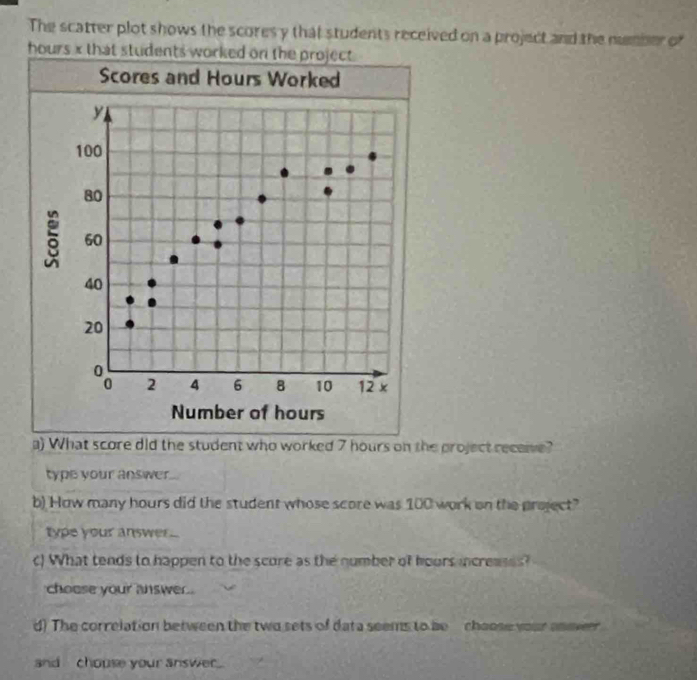 The scatter plot shows the scores y that students received on a project and the mmber of
hours x that students worked on the project . 
Scores and Hours Worked
y
100
80
δ 60
40
20
0
0 2 4 6 8 10 12 x
Number of hours
a) What score did the student who worked 7 hours on the project receive? 
type your answer 
b) How many hours did the student whose score was 100 work on the project? 
type your answer... 
c) What tends to happen to the score as the number of hours incremes? 
choese your answer . 
d) The correlation between the two sets of data seems to be chaose your anover 
and chouse your answer.