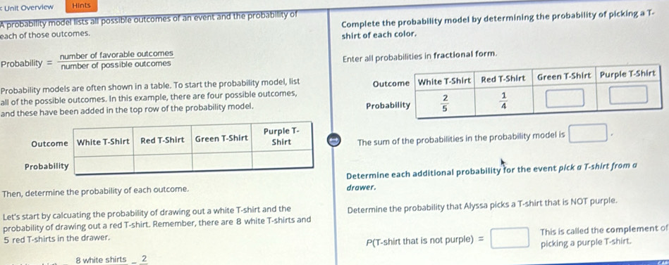 Unit Overview Hints
A probability model lists all possible outcomes of an event and the probability of
each of those outcomes. Complete the probability model by determining the probability of picking a T-
shirt of each color.
Probability = number of favorable outcomes
Enter all probabilities in fractional form.
Probability models are often shown in a table. To start the probability model, list Outco
all of the possible outcomes. In this example, there are four possible outcomes, 
and these have been added in the top row of the probability model. Probab
OutcThe sum of the probabilities in the probability model is □ .
Probab
Then, determine the probability of each outcome. Determine each additional probability for the event pick α T-shirt from α
drawer.
Let's start by calcuating the probability of drawing out a white T-shirt and the
probability of drawing out a red T-shirt. Remember, there are 8 white T-shirts and Determine the probability that Alyssa picks a T-shirt that is NOT purple.
5 red T-shirts in the drawer.
P(T-shirt that is not purple) = This is called the complement of
8 white shirts 2 picking a purple T-shirt.