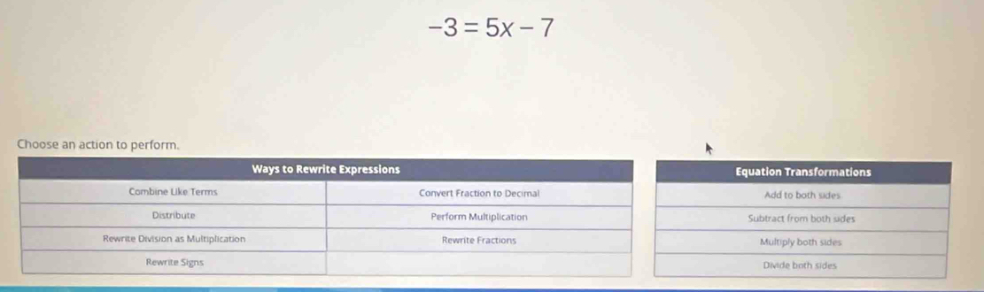 -3=5x-7
Choose an acti