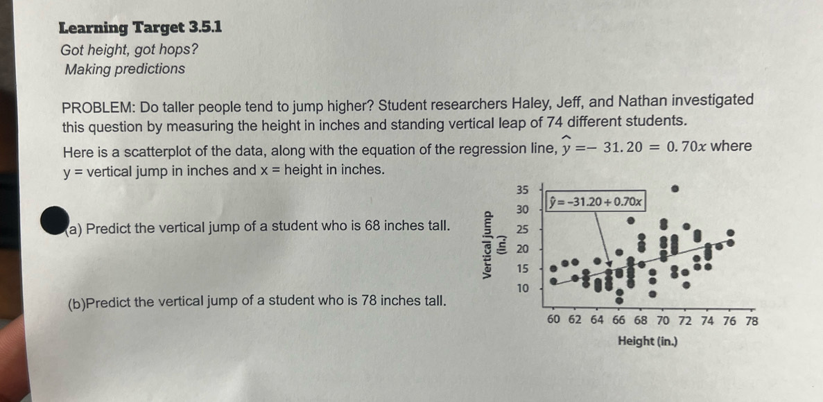 Learning Target 3.5.1
Got height, got hops?
Making predictions
PROBLEM: Do taller people tend to jump higher? Student researchers Haley, Jeff, and Nathan investigated
this question by measuring the height in inches and standing vertical leap of 74 different students.
Here is a scatterplot of the data, along with the equation of the regression line, widehat y=-31.20=0.70x where
y= vertical jump in inches and x= height in inches.
(a) Predict the vertical jump of a student who is 68 inches tall. 
(b)Predict the vertical jump of a student who is 78 inches tall.