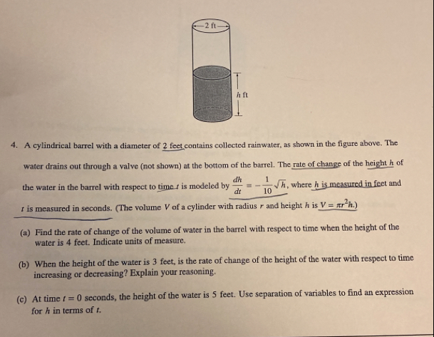 Solved: A cylindrical barrel with a diameter of 2 feet contains ...