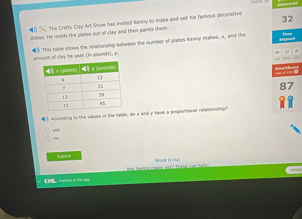 Video V
answered
The Crafty Clay Art Show has invited Kenny to make and sell his famous decorative
plates. He molds the plates out of clay and then paints them. 32
elapsed
This table shows the relationship between the number of plates Kenny makes, x, and the Time
amount of clay he uses (in pounds), y.
00 23 4T
. 62,N
SmartScore
out of 100 7
87
AR
)) According to the values in the table, do x and y have a proportional relationship?
yes
no
Submit
Work it out
Not feeling readv vet? These can help:
OPEN
IX Practice in the app