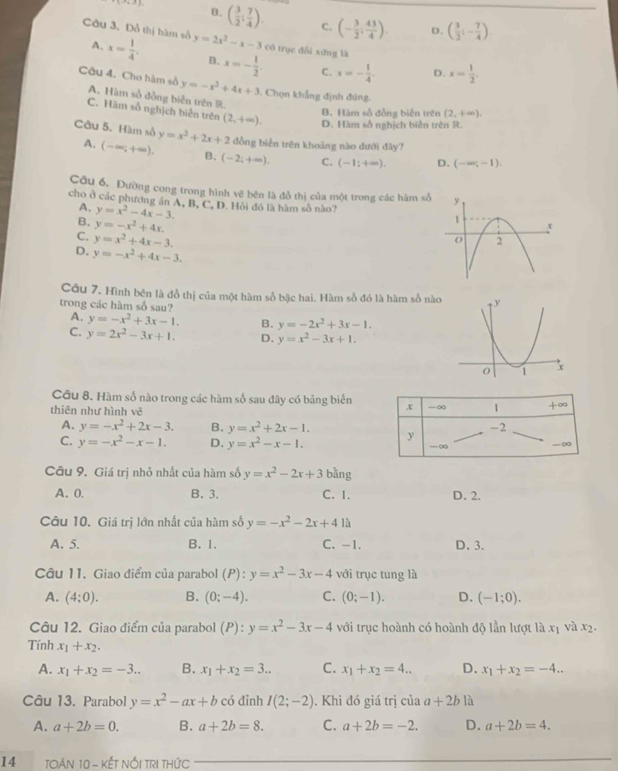  ·s  ,
B. ( 3/2 : 7/4 ). C. (- 3/2 ; 43/4 ). D. ( 3/2 ;- 7/4 )
Câu 3、 Dồ thị hàm số y=2x^2-x-3 có trục đổi xứng là
A. x= 1/4 . B. x=- 1/2 . C. x=- 1/4 . D. x= 1/2 .
Câu 4. Cho hàm số y=-x^2+4x+3. Chọn khẳng định đúng.
A. Hàm số đồng biển trên R.
B. Hàm số đồng biển trên (2,+∈fty ).
C. Hàm số nghịch biển trên (2,+∈fty ). D. Hàm số nghích biển trên R.
Câu 5. Hàm số y=x^2+2x+2 đồng biển trên khoảng nào đưới đây?
A. (-∈fty ;+∈fty ), B. (-2;+∈fty ). C. (-1:+∈fty ). D. (-∈fty ;-1).
Câu 6. Đường cong trong hình vẽ bên là đồ thị của một trong các hàm số
cho ở các phương án A, B, C, D. Hỏi đó là hàm số nào?
A. y=x^2-4x-3.
B. y=-x^2+4x.
C. y=x^2+4x-3.
D. y=-x^2+4x-3.
Câu 7. Hình bên là đồ thị của một hàm số bậc hai. Hàm số đó là hàm số nào
trong các hàm số sau?
A. y=-x^2+3x-1.
B. y=-2x^2+3x-1.
C. y=2x^2-3x+1.
D. y=x^2-3x+1.
Câu 8. Hàm số nào trong các hàm số sau đây có bảng biến 
thiên như hình vē
A. y=-x^2+2x-3. B. y=x^2+2x-1.
C. y=-x^2-x-1. D. y=x^2-x-1.
Câu 9. Giá trị nhỏ nhất của hàm số y=x^2-2x+3 bằng
A. 0. B. 3. C. 1. D. 2.
Câu 10. Giá trị lớn nhất của hàm số y=-x^2-2x+4 là
A. 5. B. 1. C. -1. D. 3.
Câu 11. Giao điểm của parabol (P):y=x^2-3x-4 với trục tung là
A. (4;0). B. (0;-4). C. (0;-1). D、 (-1;0).
Câu 12. Giao điểm của parabol P ):y=x^2-3x-4 với trục hoành có hoành độ lần lượt là x_1 và x_2.
Tính x_1+x_2.
A. x_1+x_2=-3... B. x_1+x_2=3... C. x_1+x_2=4.. D. x_1+x_2=-4..
Câu 13. Parabol y=x^2-ax+b có đỉnh I(2;-2). Khi đó giá trị của a+2b là
A. a+2b=0. B. a+2b=8. C. a+2b=-2. D. a+2b=4.
14  TOáN 10 - KẾT NỐI TRI THứC