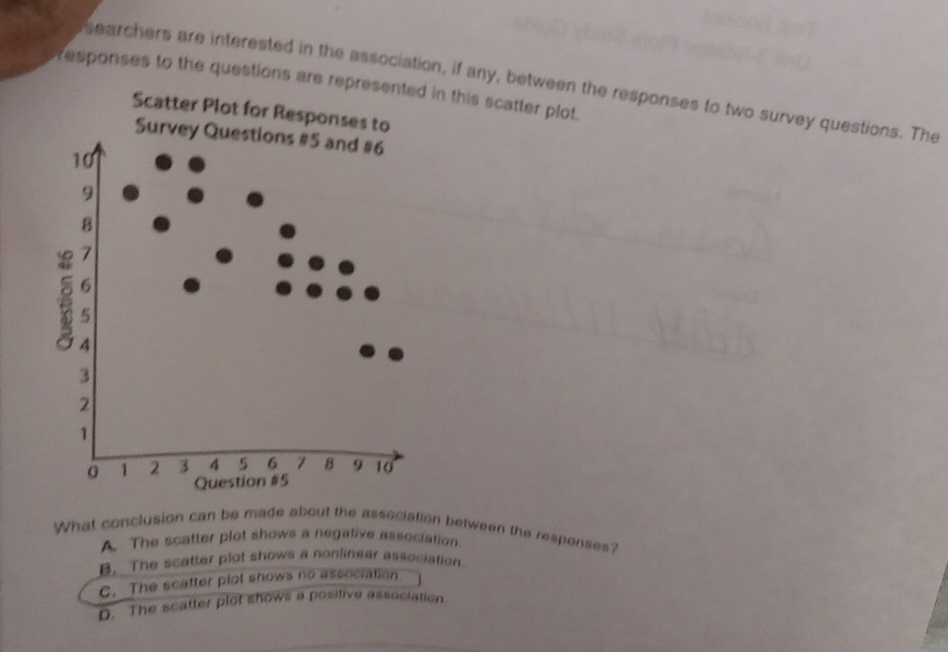 searchers are interested in the association, if any, between the responses to two survey questions. The
responses to the questions aren this scatter plot.
What conclusion can be made about the association between the responses?
A. The scatter plot shows a negative association.
B. The scatter plot shows a nonlinear association
C. The scatter plot shows no association
D. The scatter plot shows a positive association