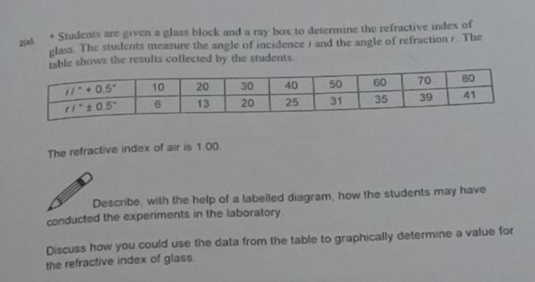 2(aJ.
* Students are given a glass block and a ray box to determine the refractive index of
glass. The students measure the angle of incidence i and the angle of refraction / . The
rable shows the results collected by the students.
The refractive index of air is 1:00.
Describe, with the help of a labelled diagram, how the students may have
conducted the experiments in the laboratory.
Discuss how you could use the data from the table to graphically determine a value for
the refractive index of glass.