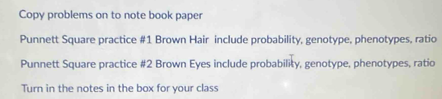 Copy problems on to note book paper 
Punnett Square practice #1 Brown Hair include probability, genotype, phenotypes, ratio 
Punnett Square practice #2 Brown Eyes include probability, genotype, phenotypes, ratio 
Turn in the notes in the box for your class