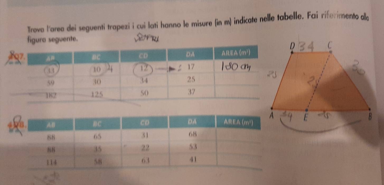 Trova larea dei seguenti trapezi i cui lati hanno le misure (in m) indicate nelle tabelle. Fai riferimento alla 
figura seguente.