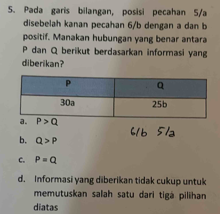 Pada garis bilangan, posisi pecahan 5/a
disebelah kanan pecahan 6/b dengan a dan b
positif. Manakan hubungan yang benar antara
P dan Q berikut berdasarkan informasi yang
diberikan?
b. Q>P
C. P=Q
d. Informasi yang diberikan tidak cukup untuk
memutuskan salah satu dari tigá pilihan
diatas