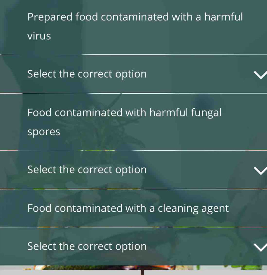 Prepared food contaminated with a harmful 
virus 
Select the correct option 
Food contaminated with harmful fungal 
spores 
Select the correct option 
Food contaminated with a cleaning agent 
Select the correct option