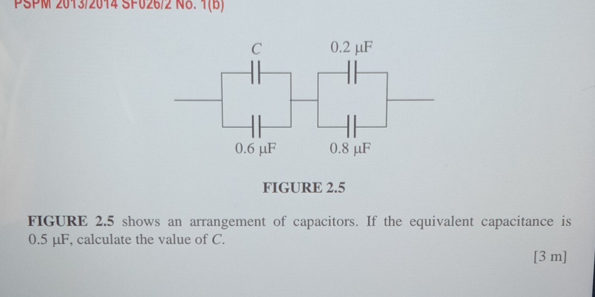 PSPM 2013/2014 SF026/2 N8. 1(B) 
FIGURE 2.5 
FIGURE 2.5 shows an arrangement of capacitors. If the equivalent capacitance is
0.5 μF, calculate the value of C. 
[3 m]