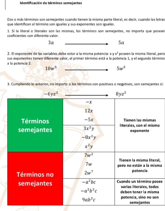 Identificación de términos semejantes
Dos o más términos son semejantes cuando tienen la misma parte literal, es decir, cuando las letras
que identifican al término son iguales y sus exponentes son iguales.
1. Sí la literal o literales son las mismas, los términos son semejantes, no importa que posean
coeficientes con diferente valor.
3a
5a
2. El exponente de las variables debe estar a la misma potencia: xyx^2 poseen la misma literal, pero
sus exponentes tienen diferente valor, el primer término está a la potencia 1, y el segundo término
a la potencia 2.
10w^5
5w^5
3. Cumpliendo lo anterior, no importa si los términos son positivos o negativos, son semejantes sí:
o
l,
ma
ee
s