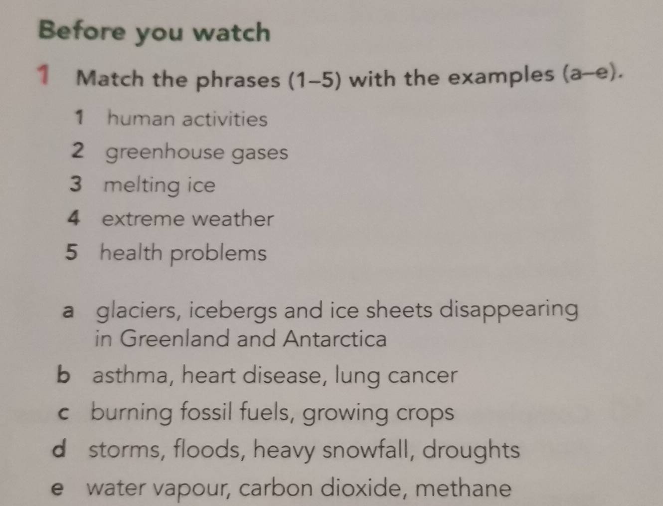 Before you watch
1 Match the phrases (1-5) ) with the examples (a-e). 
1 human activities
2 greenhouse gases
3 melting ice
4 extreme weather
5 health problems
a glaciers, icebergs and ice sheets disappearing
in Greenland and Antarctica
b asthma, heart disease, lung cancer
c burning fossil fuels, growing crops
d storms, floods, heavy snowfall, droughts
e water vapour, carbon dioxide, methane