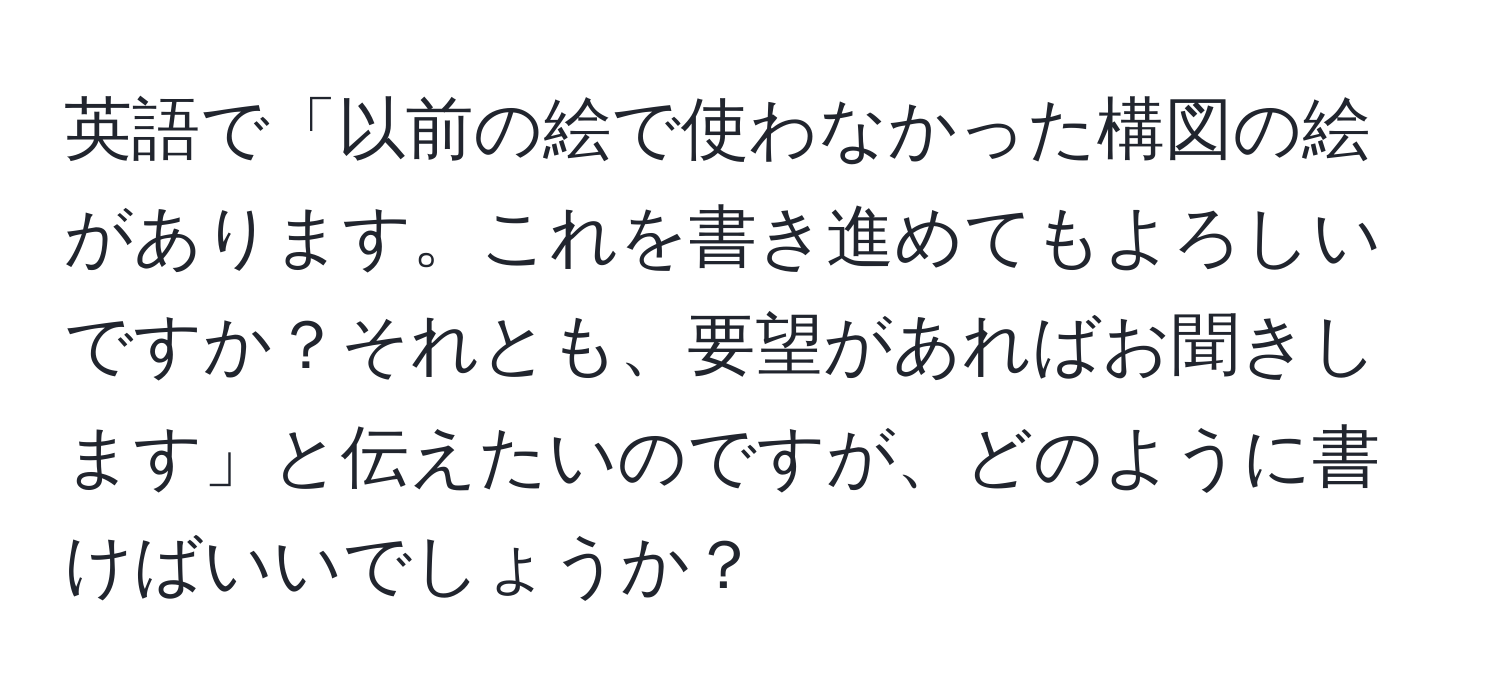 英語で「以前の絵で使わなかった構図の絵があります。これを書き進めてもよろしいですか？それとも、要望があればお聞きします」と伝えたいのですが、どのように書けばいいでしょうか？