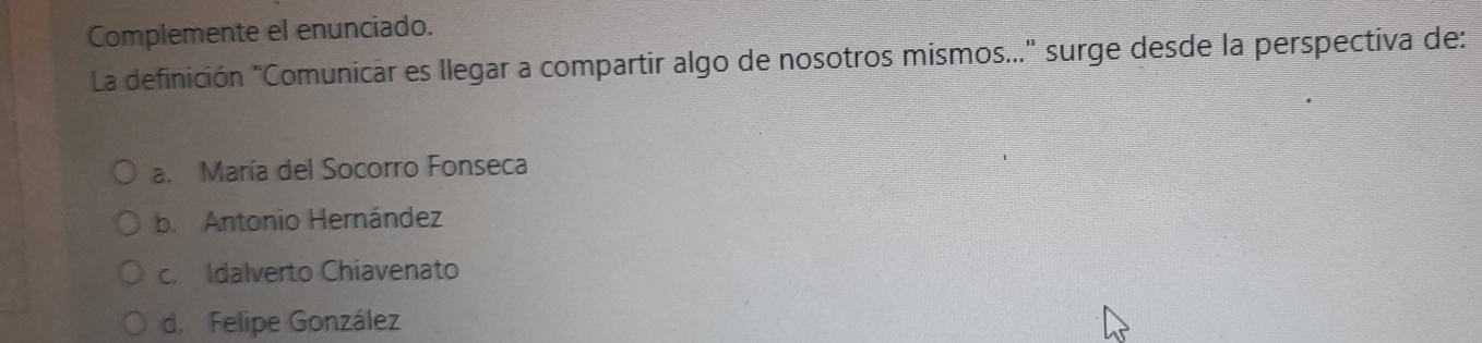 Complemente el enunciado.
La definición ''Comunicar es llegar a compartir algo de nosotros mismos...'' surge desde la perspectiva de:
a. María del Socorro Fonseca
b. Antonio Hernández
c. Idalverto Chiavenato
d. Felipe González